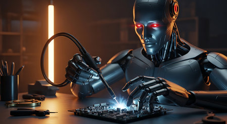Advanced robot soldering circuit board with glowing red eyesの素材