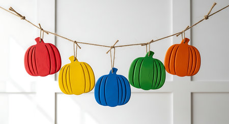 Colorful pumpkin decorations hanging on a string against whiteの素材
