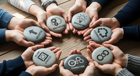Team holding stones with business process icons symbolizing collaborationの素材