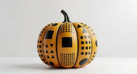 Decorated orange pumpkin with black geometric pattern isolated on whiteの素材