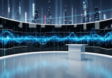Futuristic news studio with glowing blue digital sound wave displayの素材