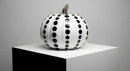 Black and white polka dot pumpkin decoration on pedestalの素材