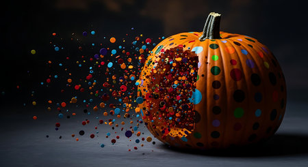 Pumpkin disintegrating into colorful particles against dark backgroundの素材