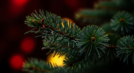Close up of wet pine branch with bokeh lights in backgroundの素材