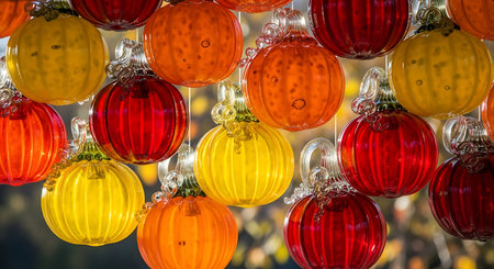 Colorful glass pumpkin ornaments hanging together in a festive displayの素材