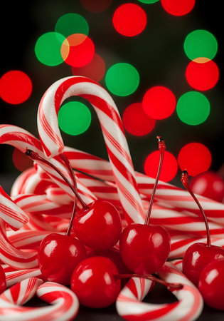 Close up of candy canes and maraschino cherry against bokeh lightsの素材