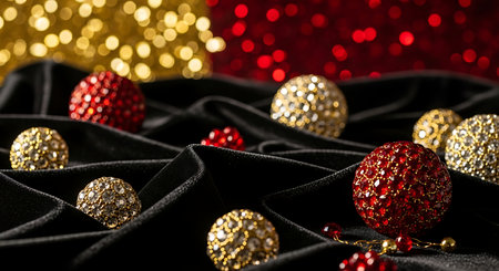 Christmas ornament balls in red and gold resting on black velvetの素材