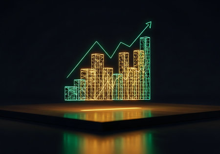 Glowing digital bar chart with upward trend line over cityの素材