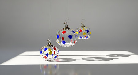 Three colorful polka dot glass wind chimes floating above surfaceの素材