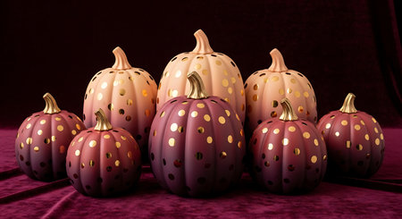 Group of decorative ceramic pumpkins with gold accents on velvetの素材