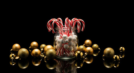 Candy canes and gold ornament decoration in glass jar on blackの素材