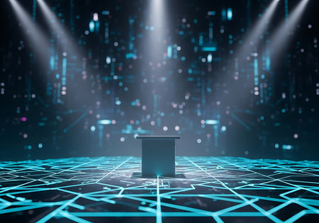 Empty podium on futuristic stage with blue digital light effectの素材