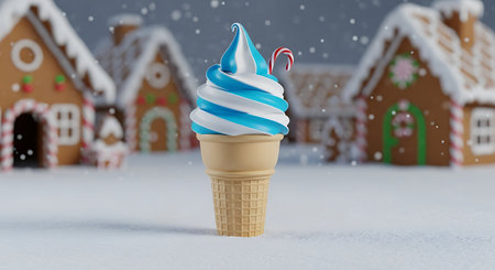 Blue and white soft serve ice cream cone in snowy gingerbread villageの素材