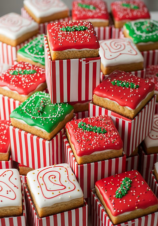 Square christmas shortbread cookie assortment with red and green icingの素材