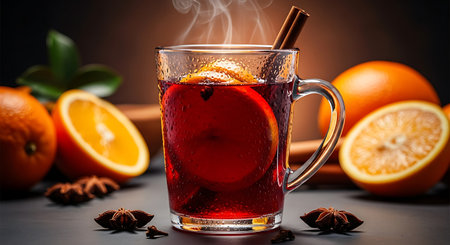 Steaming hot mulled wine with orange slice and cinnamon stickの素材