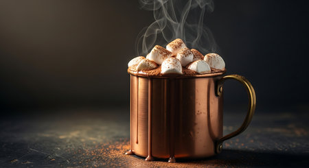 Steaming hot chocolate topped with marshmallows in copper mugの素材