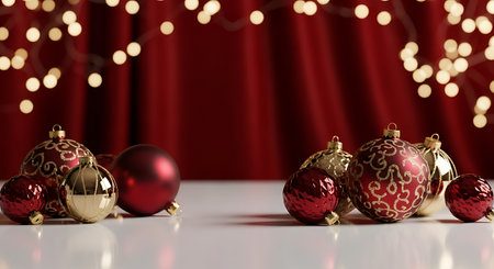 Christmas ornaments in red and gold with festive bokeh lightsの素材