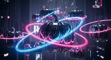 Cyberpunk neon glowing pumpkins floating in dark futuristic settingの素材