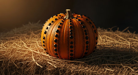 Ornate carved pumpkin resting on a bed of dry straw in dim lightの素材