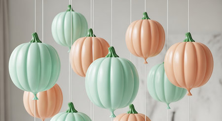 Pastel colored pumpkins hanging as modern fall or halloween decorationの素材