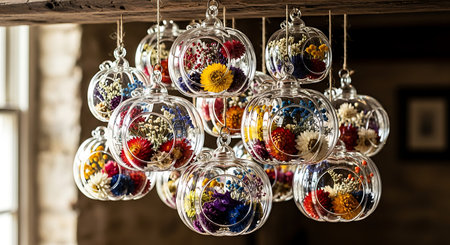 Hanging glass orbs filled with colorful dried flower arrangementの素材