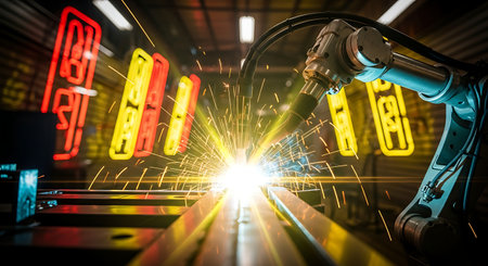 Robotic arm performing automated welding with bright sparksの素材
