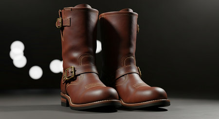 Pair of brown leather engineer boots with buckle detail on dark backgroundの素材