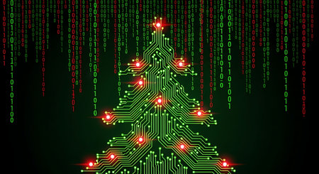 Christmas tree made of circuit board with falling binary code backgroundの素材