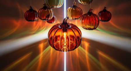 Illuminated glass pumpkin chandelier casting warm light and shadowの素材