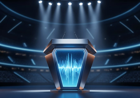 Futuristic podium with glowing sound wave display in arenaの素材