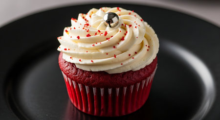 Delicious red velvet cupcake with white cream cheese frosting and sprinklesの素材