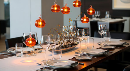 Elegant dining table set with glowing orange pendant lights aboveの素材
