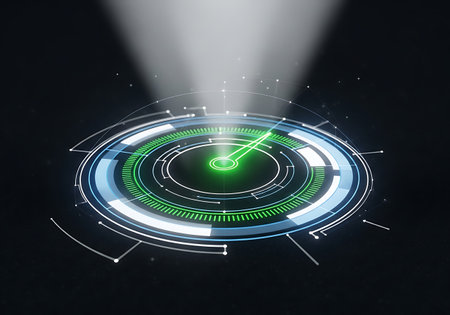 Futuristic holographic radar display with green light beam projectionの素材