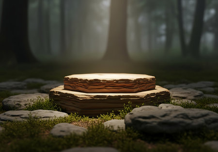 Mystical ancient stone pedestal glowing in a foggy forestの素材