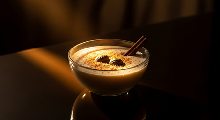 Creamy eggnog cocktail with cinnamon stick and spice garnishの素材