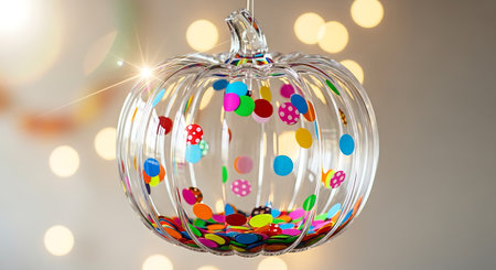 Clear glass pumpkin filled with colorful confetti against bokehの素材