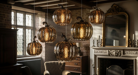 Five pumpkinshaped pendant lights illuminate a cozy roomの素材