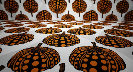 Pattern of stylized orange and black polka dot pumpkins on whiteの素材