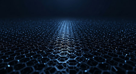 Abstract dark blue glowing hexagonal lattice structure backgroundの素材