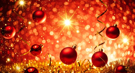 Festive red christmas ornament background with bright light bokehの素材