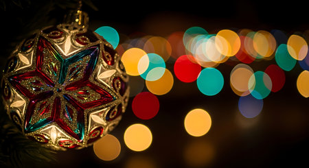 Close up of a colorful christmas ornament with bokeh lights backgroundの素材