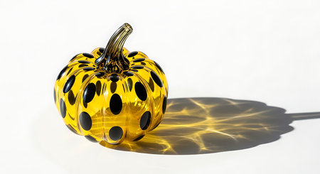 Small yellow glass pumpkin with black polka dots isolated on white backgroundの素材