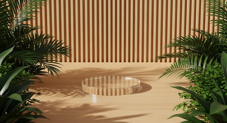3d render of empty glass podium display with tropical plant borderの素材