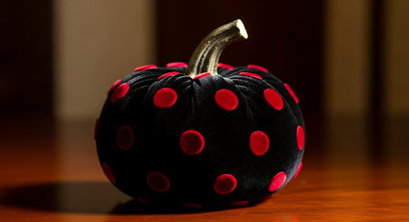 Black polka dot pumpkin with red spots sits on wooden tableの素材