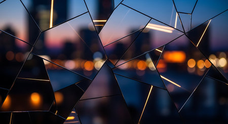 Abstract shattered glass reflection of a city skyline at duskの素材