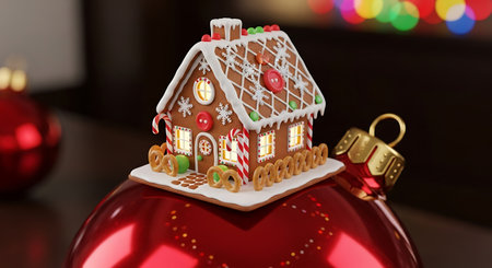 Miniature gingerbread house decoration resting on a shiny red christmas ornamentの素材