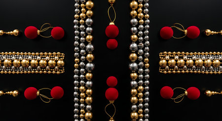 Ornate arrangement of gold, silver, and red beaded jewelryの素材