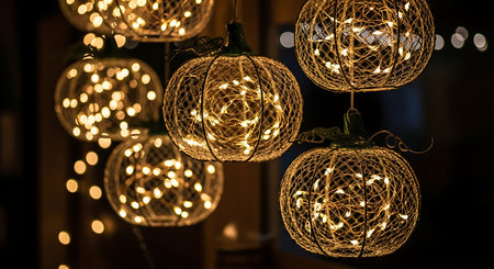 Close up of glowing pumpkin shaped string light decorations at nightの素材