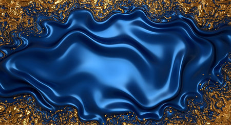 Abstract blue silk liquid splash surrounded by gold glitter textureの素材