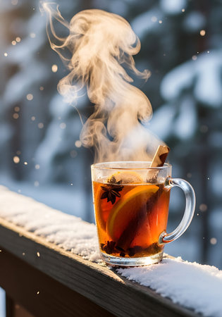 Steaming hot mulled wine with orange and cinnamon in snowの素材